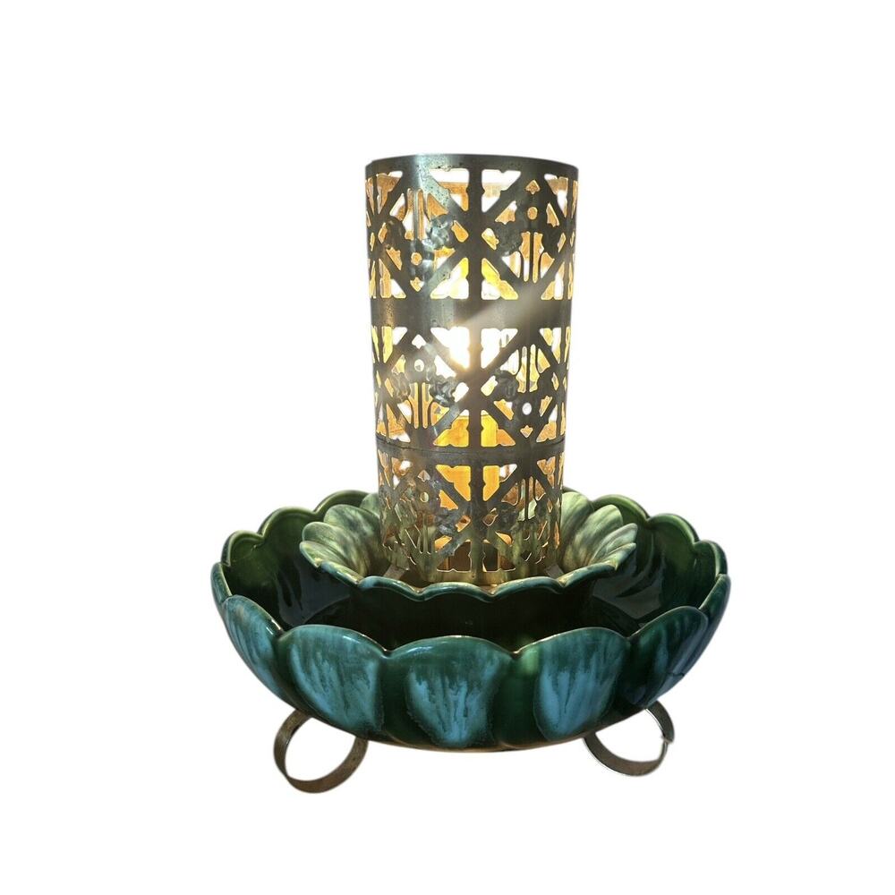 Very Rare Vintage MCM 1950s Green drip glaze pottery Brass tv lamp planter